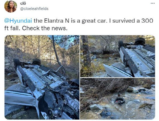 LA 카운티 엔젤레스 내셔널 국유림에서 91m 협곡 아래로 추락한 아반떼N(현지명 엘란트라N). 필즈 트위터 캡처